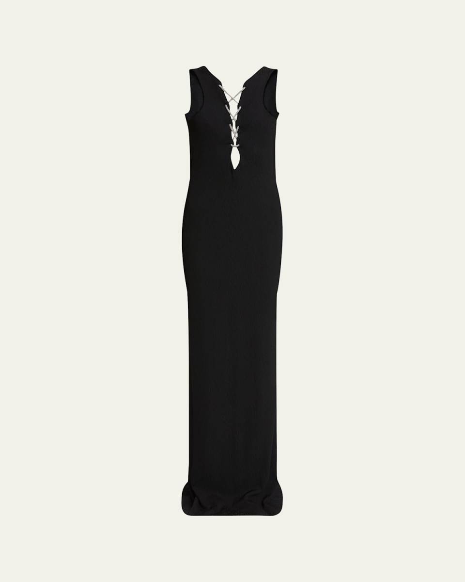 Lace-Up Draped Backless Column Gown